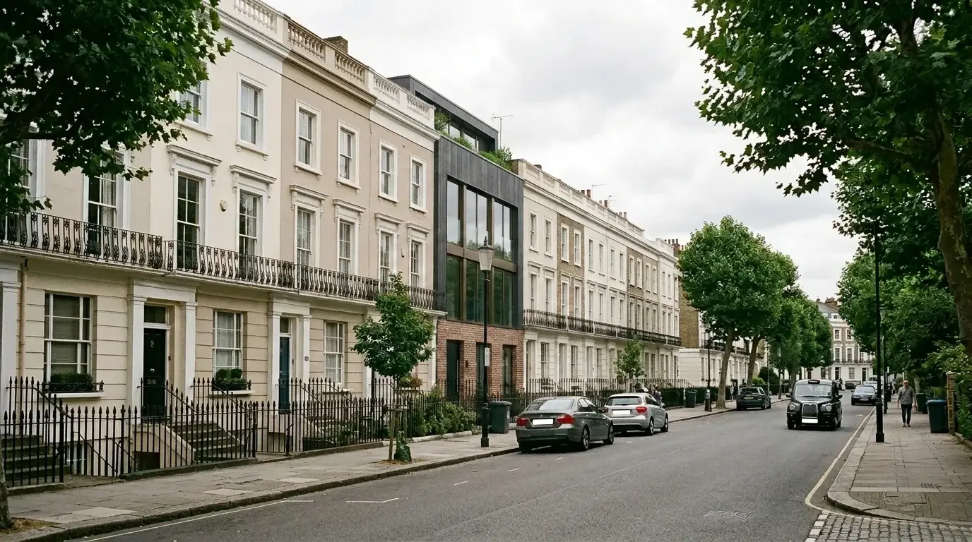 Final photomontage of a contemporary infill house with stock-brick ground floor, dark-timber upper floor and bronze glazing integrated into a stuccoed Hackney Victorian terrace street