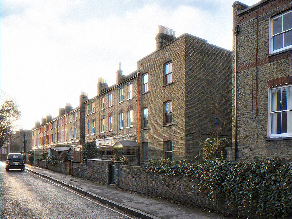 The same London Victorian terrace as it exists today, before any rear extension or mansard, under the same low winter sun