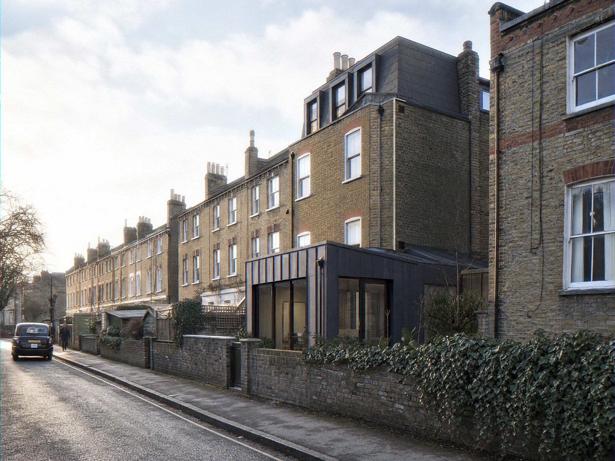 Photoreal photomontage of a London Victorian terrace with a proposed rear extension and mansard CGI-inserted to show BRE 209 daylight and sunlight shadow geometry on neighbouring properties