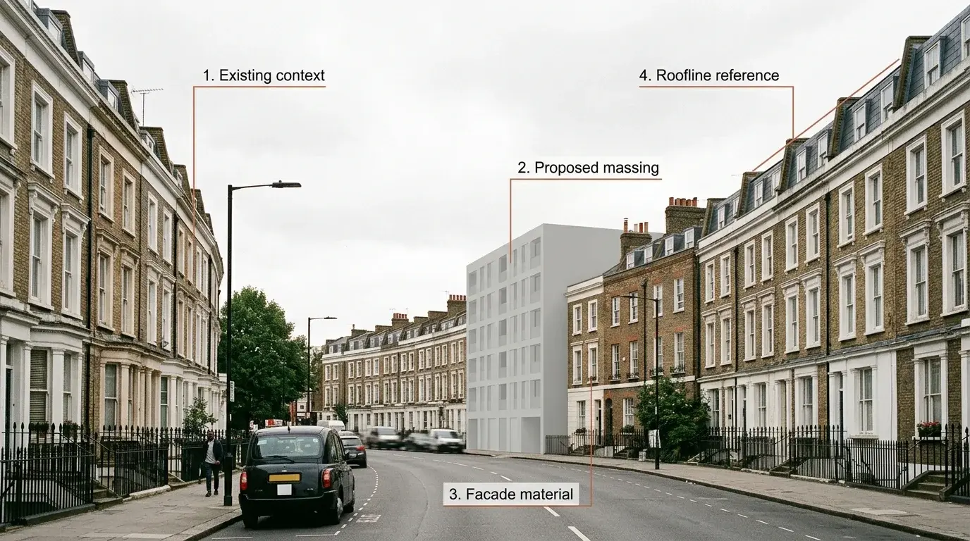 Annotated Camden planning photomontage of a Victorian terrace with a contemporary infill massing block and numbered callouts for existing context, proposed massing, facade material and roofline reference