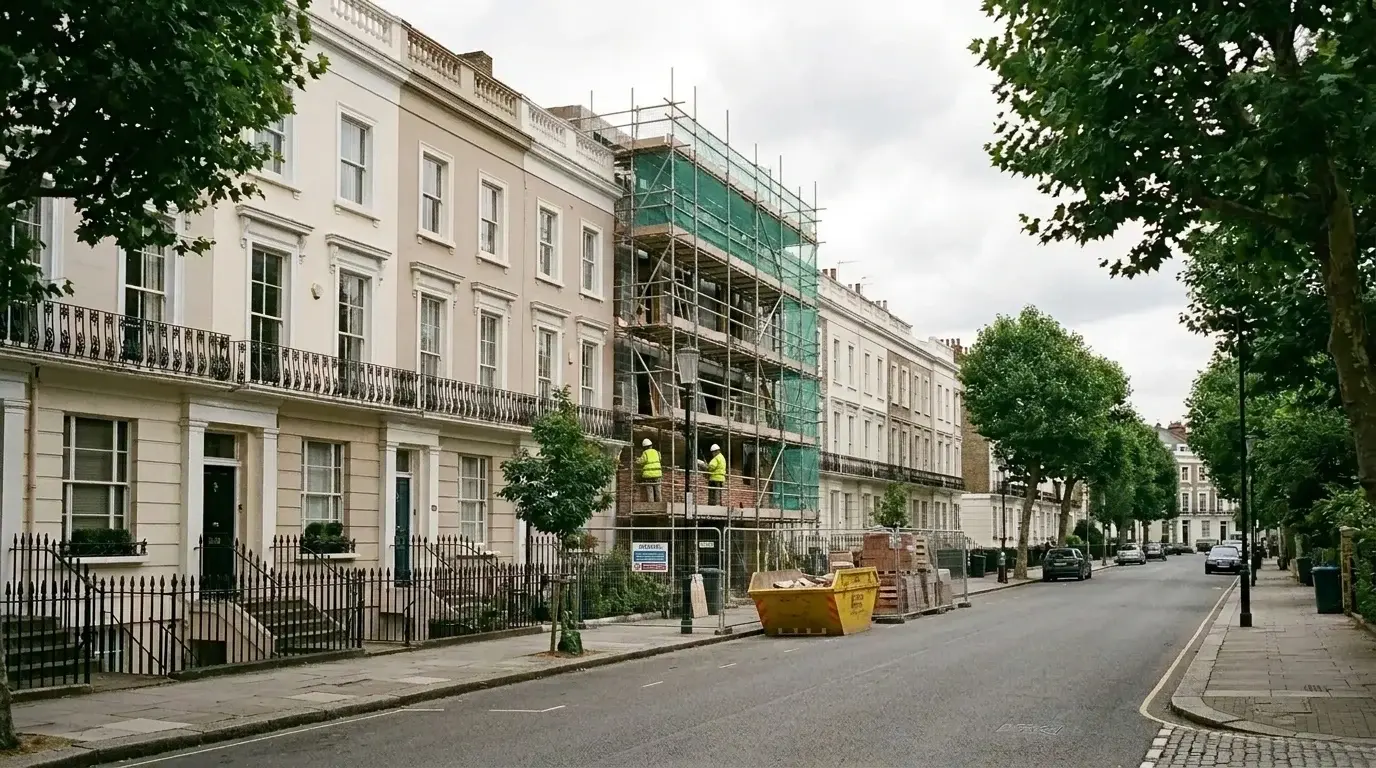 Construction-phase photomontage of a Camden infill site showing new facade mid-implementation