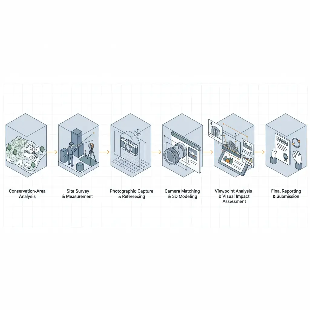 Six-stage isometric diagram tracing the Camden verified-view methodology from viewpoint scoping to final reporting