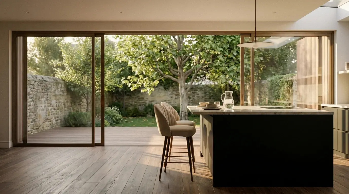 Hampstead prime residential interior CGI of an open-plan kitchen with full-height sliding doors to a walled garden, dark island and timber flooring