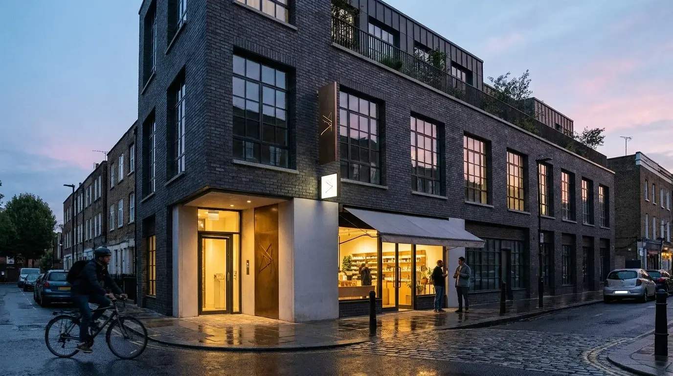 Dusk Camden Town corner frontage photomontage after rain, with a lit shopfront, brushed-bronze blade sign and dark engineering-brick live-work upper floors with deep Crittall windows and a planted setback terrace.