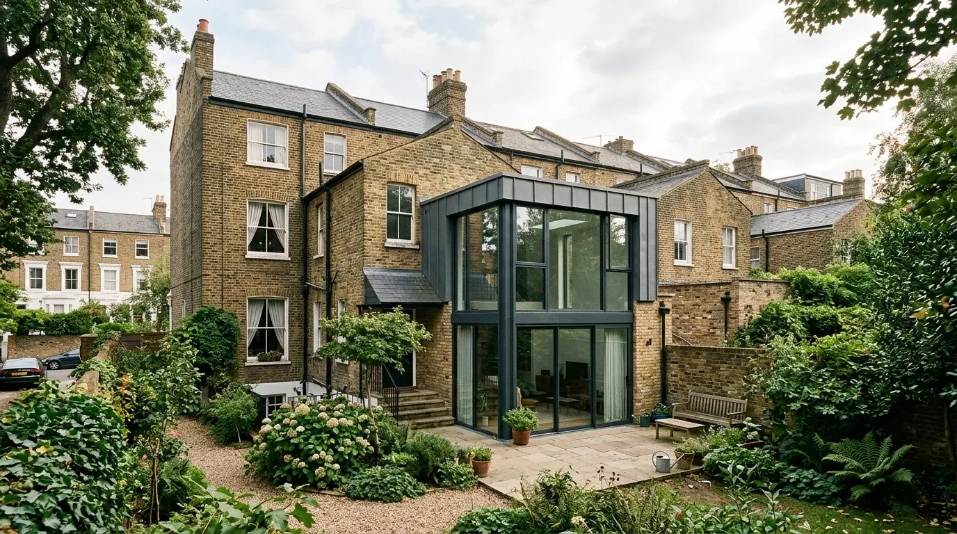 Photomontage of a contemporary zinc and glass rear extension to a Victorian Camden terrace in a conservation-area garden setting