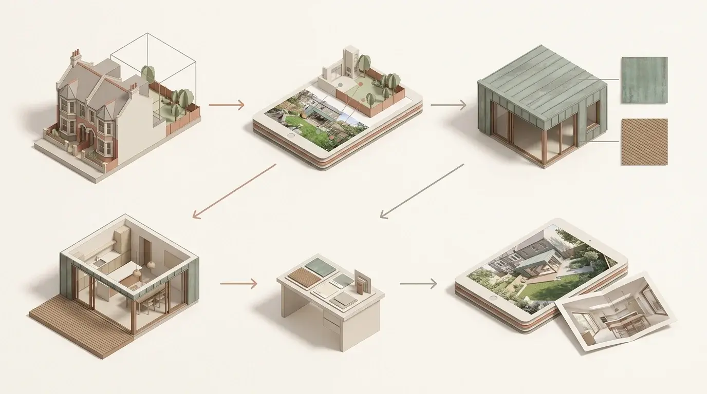 Isometric workflow diagram for a measured architectural animation