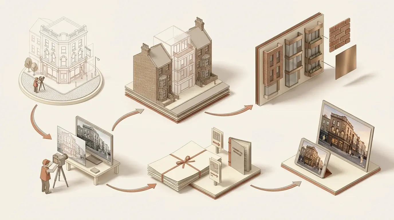 Isometric process diagram of a Camden Town mixed-use frontage visualisation workflow from surveyed photography and model build to facade material study, photomontage matching, planning sheet preparation and final committee or marketing imagery.