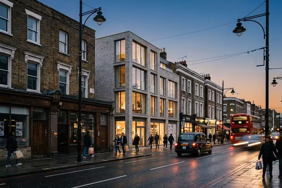 Camden conservation-area streetscape CGI showing a proposed scheme in context
