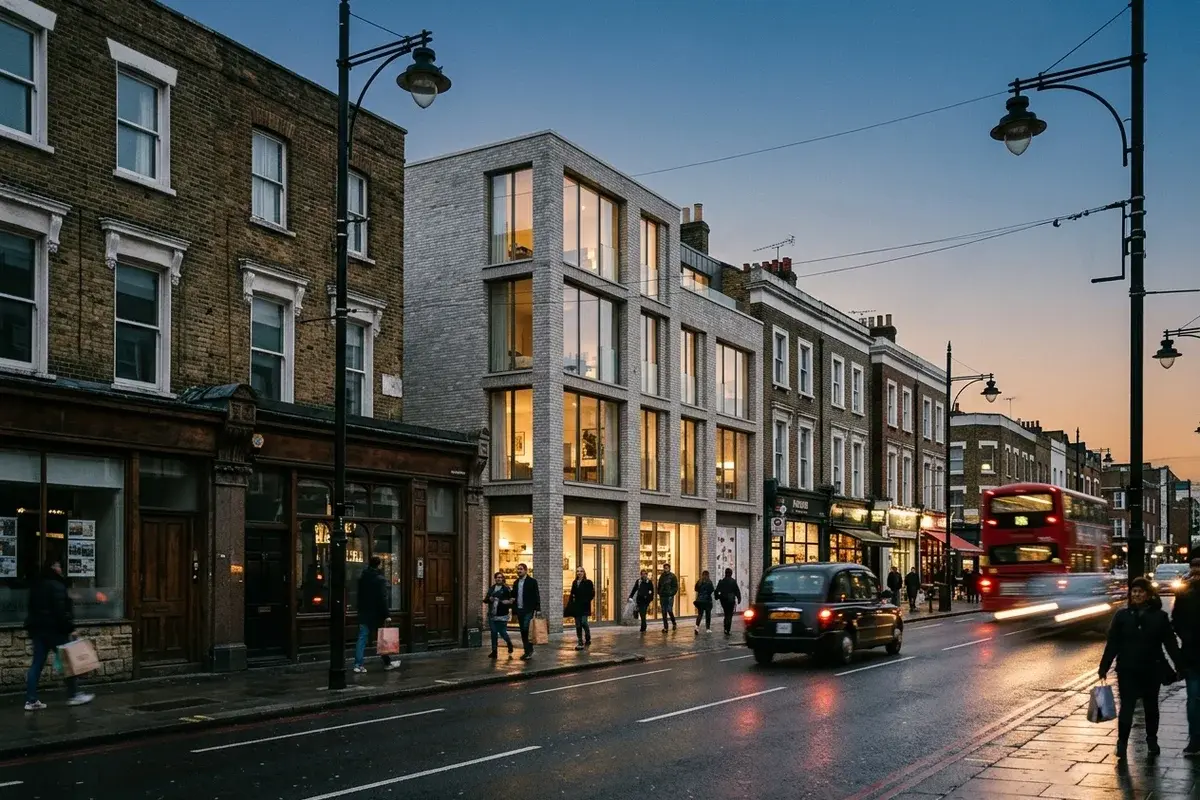 Verified-view exterior CGI on a Camden streetscape