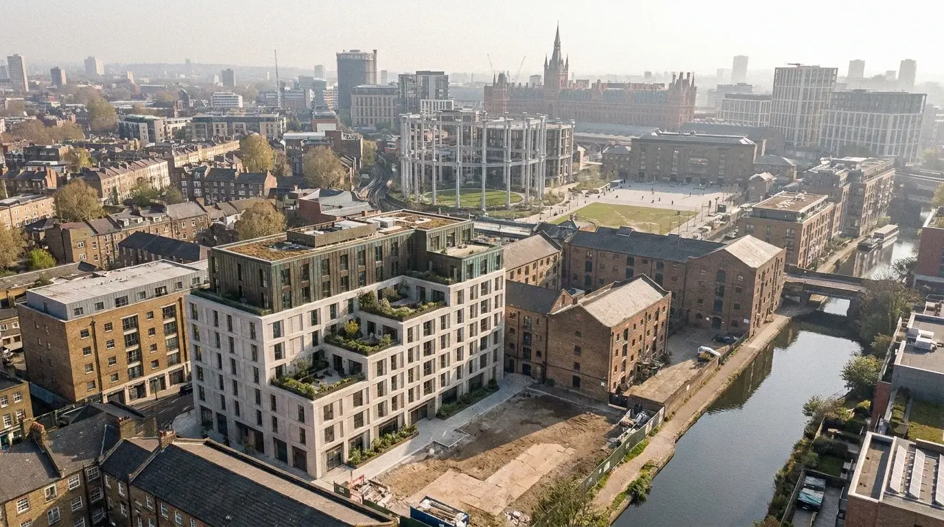 Aerial photomontage looking south-east over Camden’s southern edge towards King’s Cross, with a proposed eight-storey pale-concrete and bronze mixed-use block dropped into a real cleared plot near St Pancras, the Gasholder Park ring, restored stock-brick warehouses and Regent’s Canal