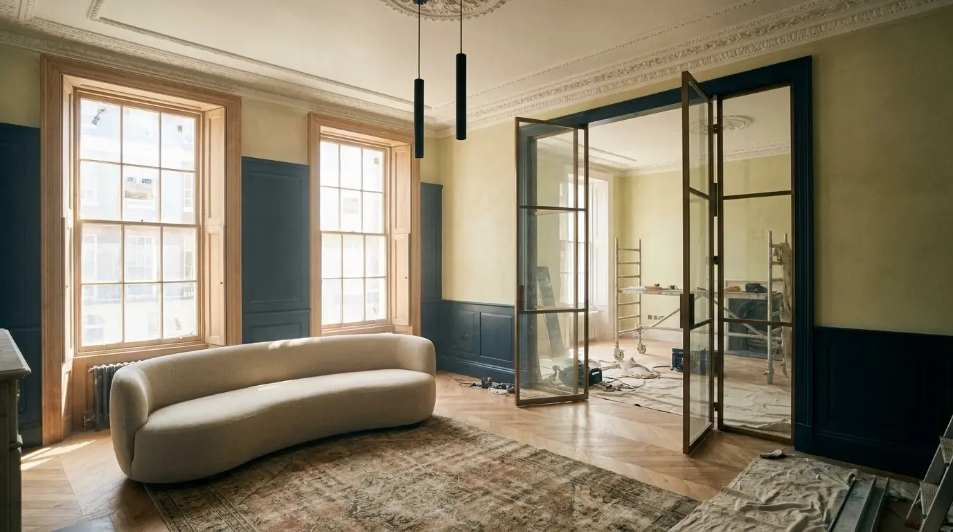 Interior CGI of a Bloomsbury Georgian first-floor reception room mid-refurbishment, with retained ornate plaster cornice, tall sash windows, polished chevron oak floor, ink-blue panelling, pale lime-washed plaster and a contemporary bronze-framed pivot enfilade door
