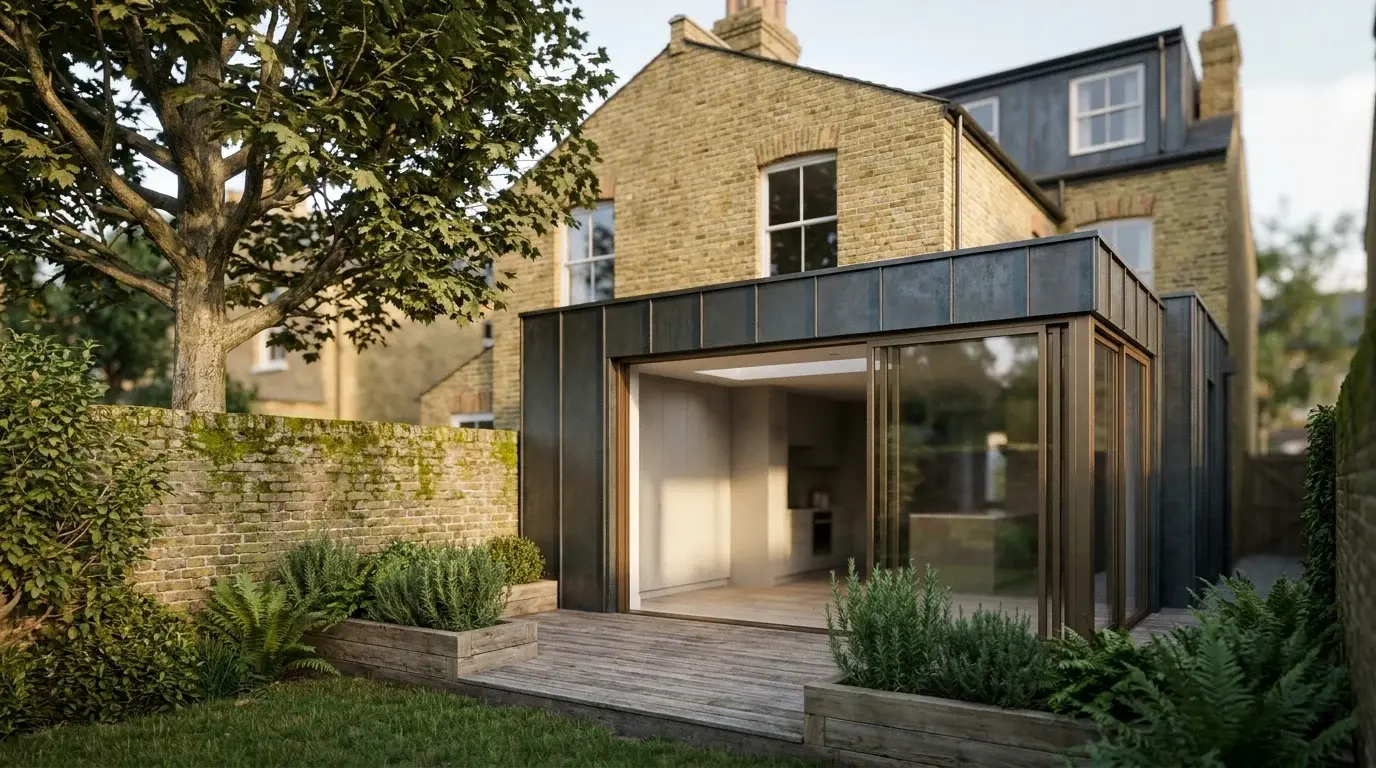 Hampstead private residence extension interior CGI with daylight, joinery and styled FF&E