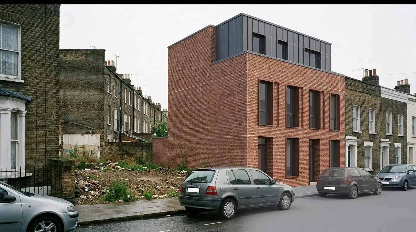 Architectural process composite of a Kentish Town infill scheme on a narrow Victorian terraced street, with the cleared plot wedged between two stock-brick neighbours and a CGI overlay of the proposed three-storey red-brick infill and recessed dark-zinc top floor