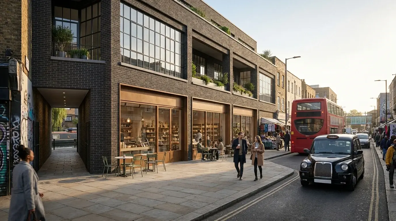 Camden Town mixed-use frontage CGI with an independent cafe shopfront, Crittall-glazed dark-brick live-work upper floors, a red double-decker bus, a black cab and a glimpse of Regent’s Canal through a side passage