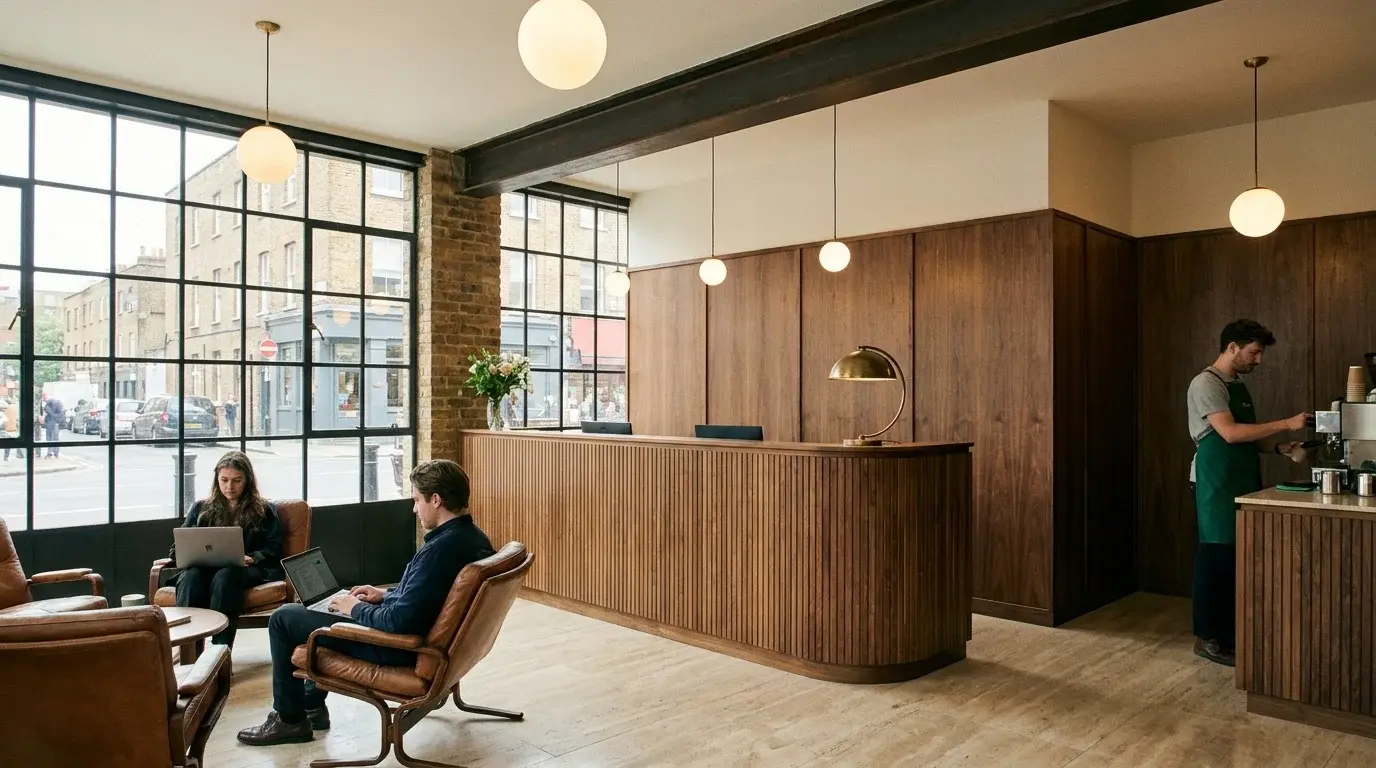 Workspace lobby interior CGI for a London developer brief, with daylight, timber joinery and arrival-sequence detail