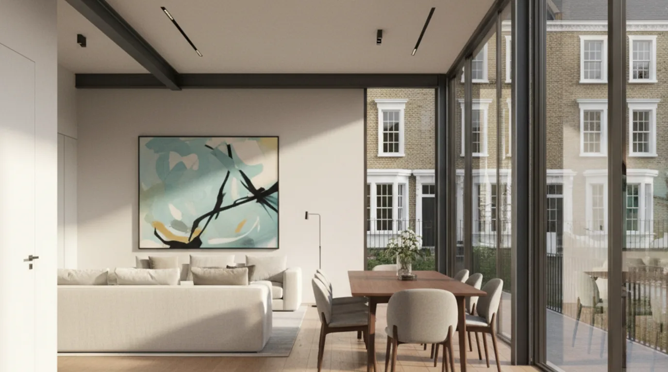 Photoreal interior CGI render of a contemporary London infill living and dining space with floor-to-ceiling glazing onto a Georgian terrace street, used as a design and access statement reference