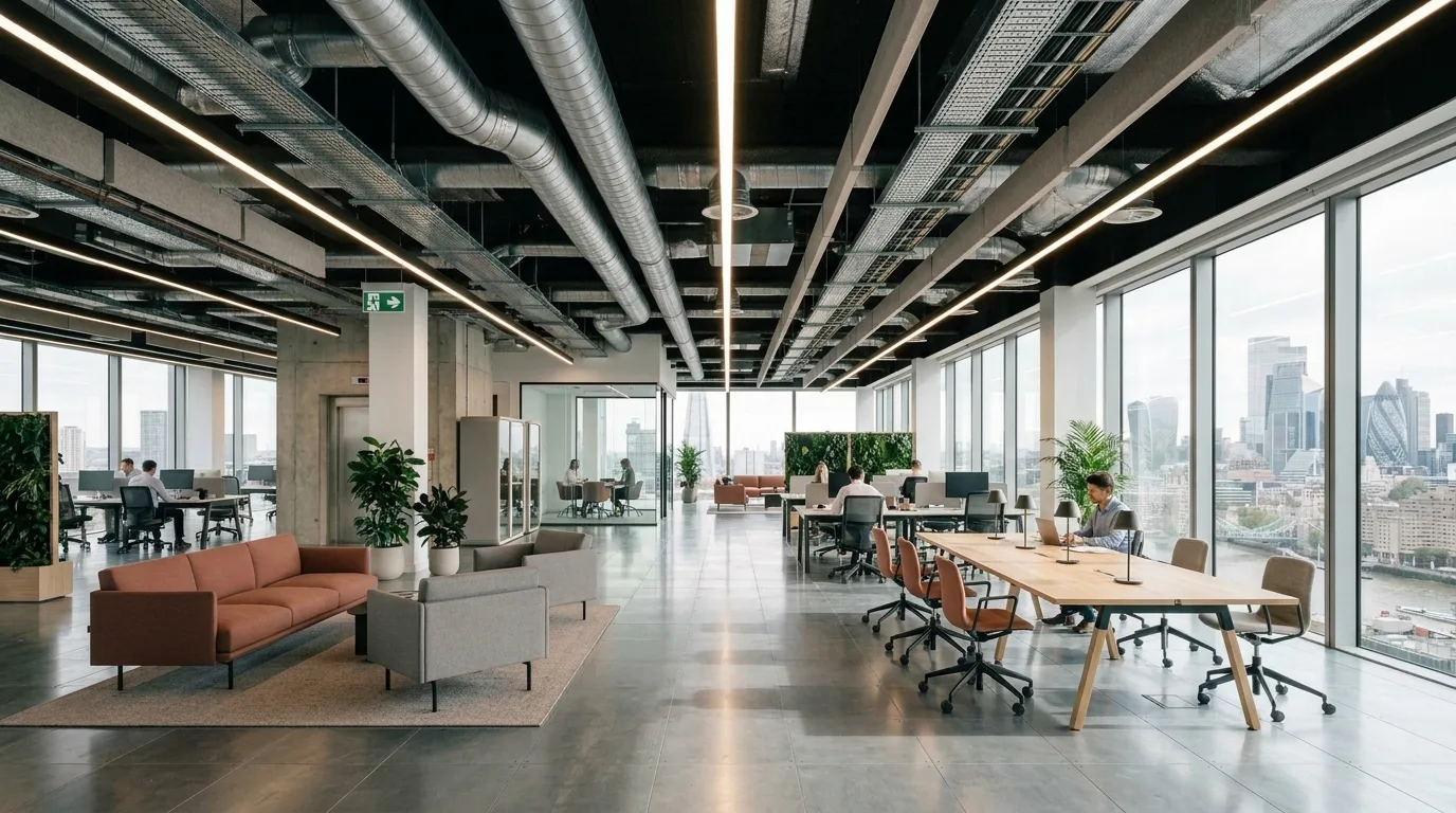 Cat A speculative office fit-out CGI showing raised access floors and exposed services