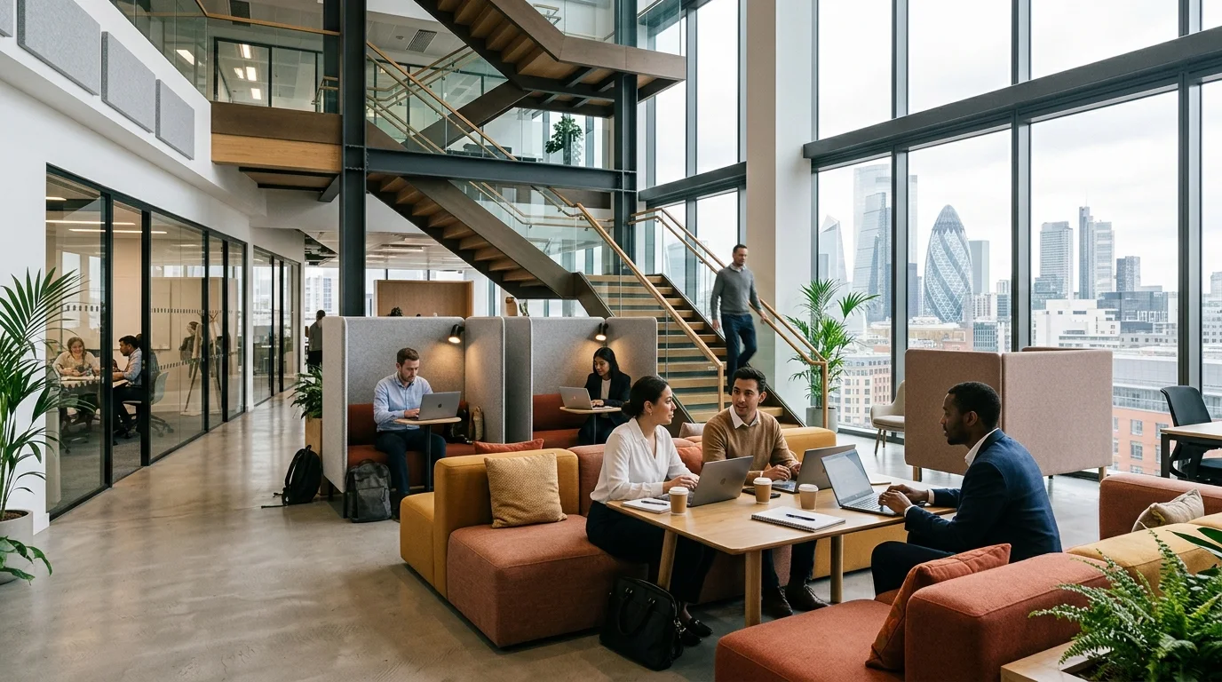 Corporate HQ hybrid workplace CGI with collaboration zones and focus pods