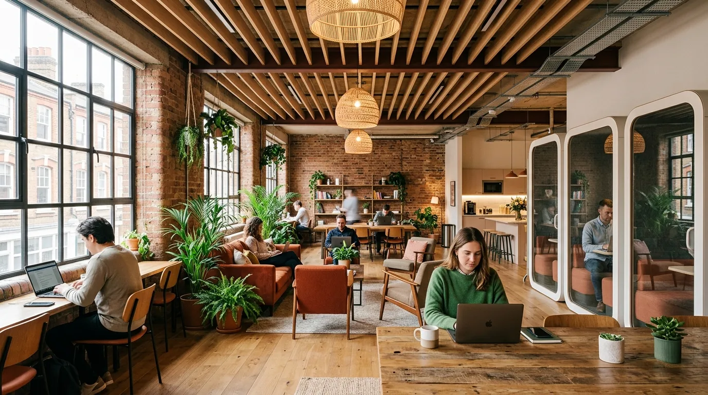 London co-working flex workspace CGI with member lounge and biophilic planting