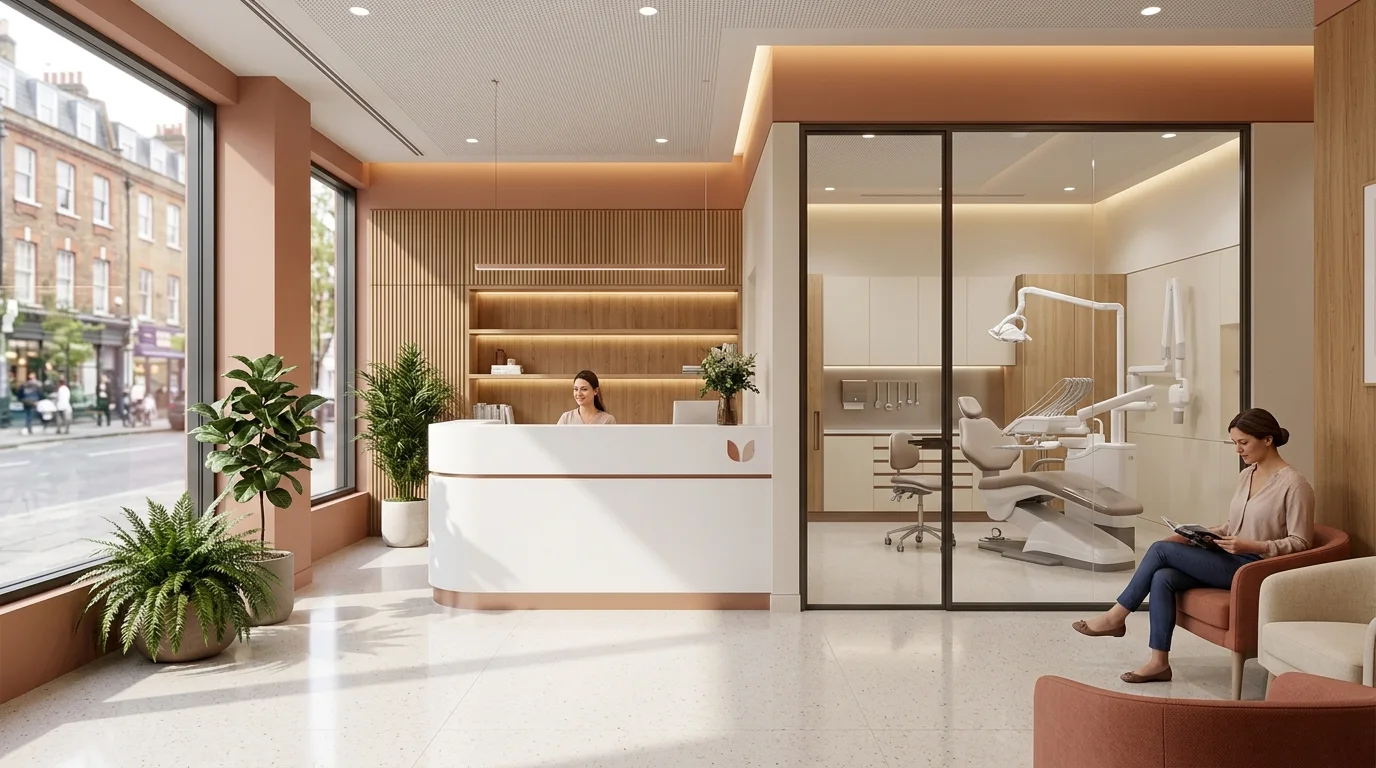 London dental clinic CGI with modern reception, terracotta and cream palette, and glimpse of treatment room