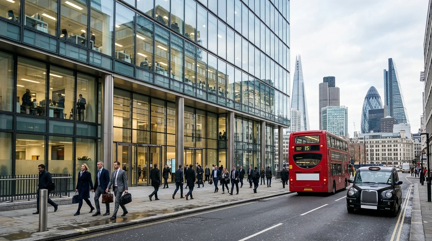 Grade A London office CGI with curtain-wall facade against the City of London skyline
