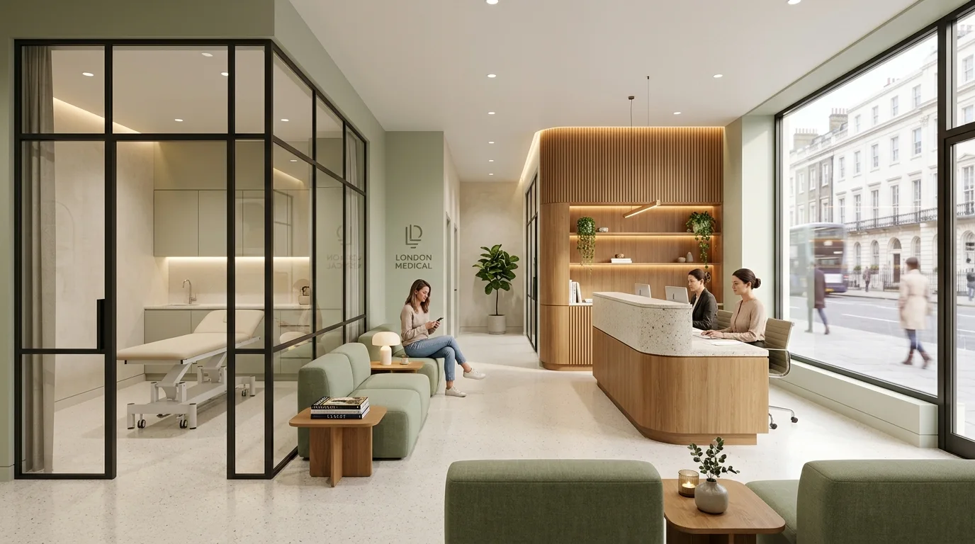 London private medical clinic CGI with sage and cream reception and consultation room