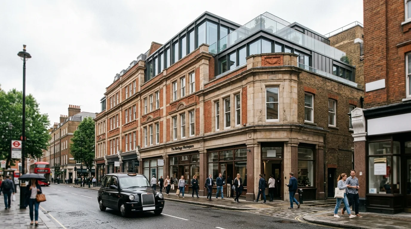 London office retrofit CGI with retained heritage facade and modern intervention