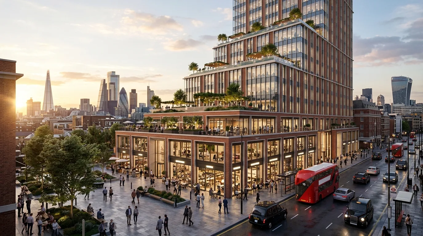 Mixed-use podium-and-tower commercial CGI with active ground floor and City of London skyline