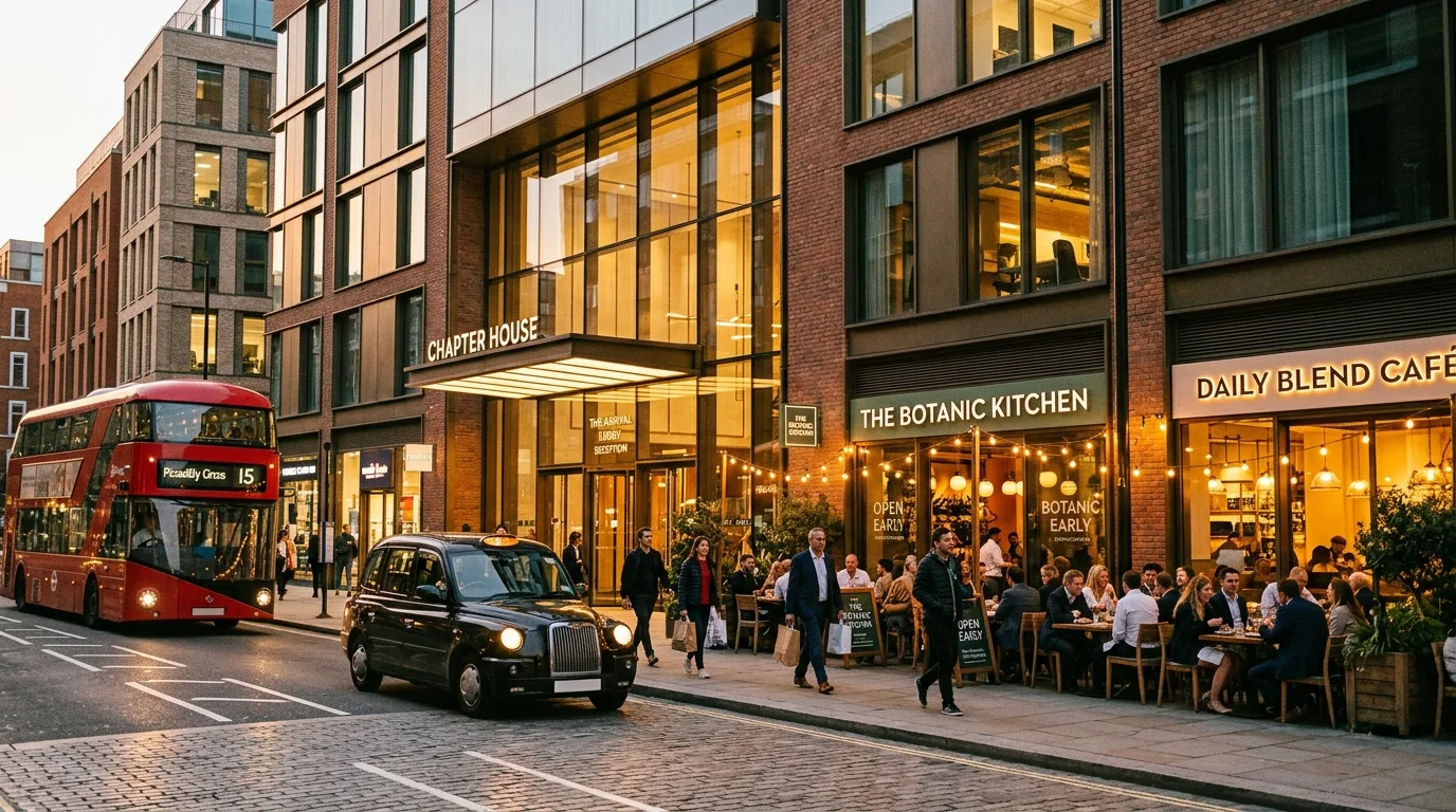 London ground-floor retail and F&B activation CGI with double-height lobby and shopfronts