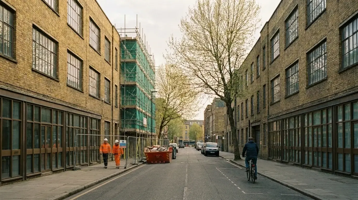 Annotated Hackney photomontage showing proposed massing and volume in context