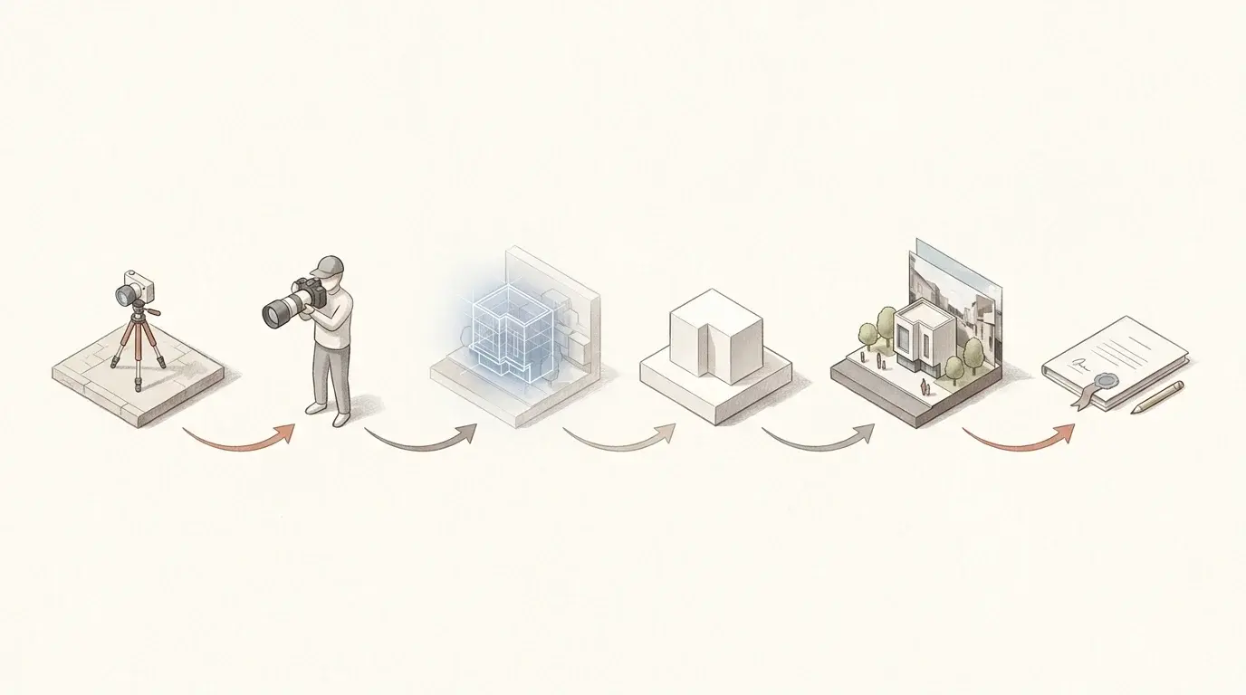 Six-stage isometric diagram tracing the Hackney verified-view methodology from viewpoint scoping to camera matching