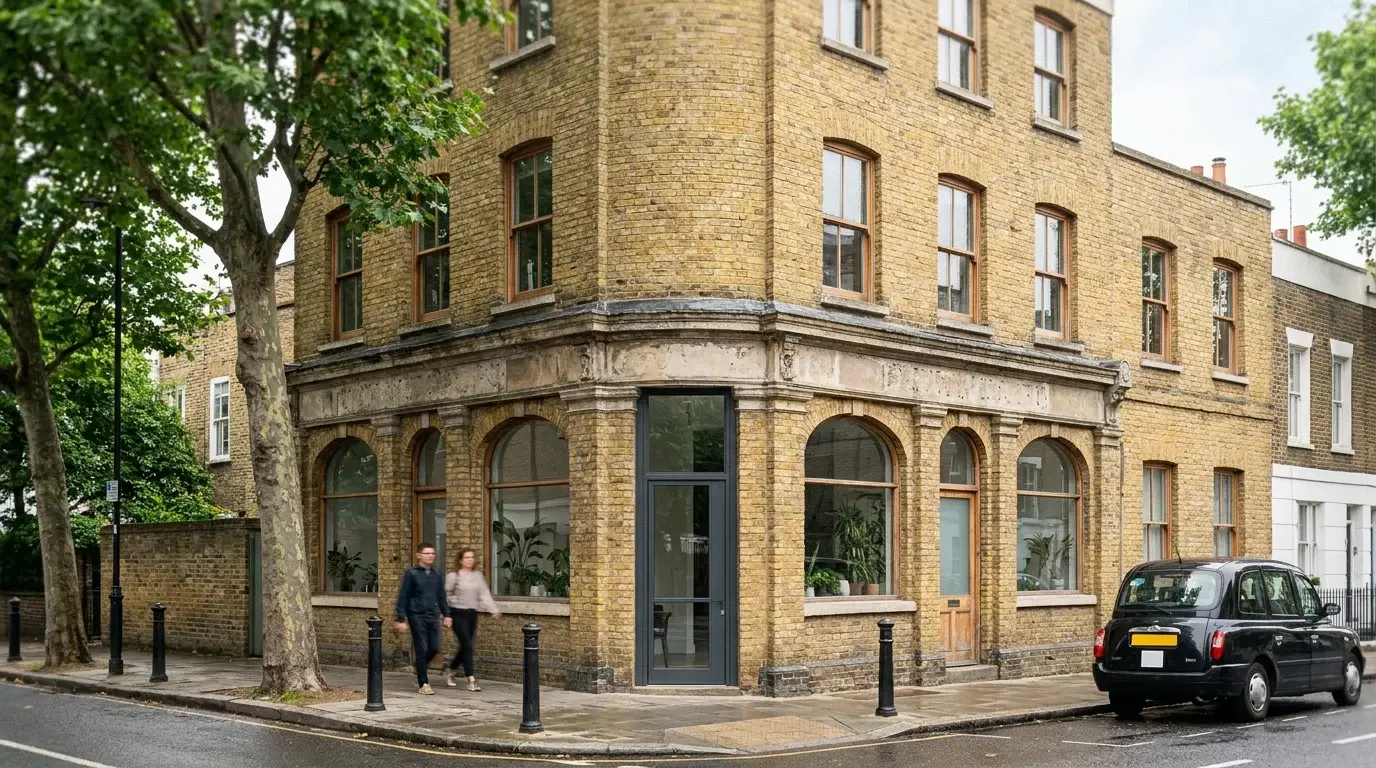 Architectural CGI of a De Beauvoir Town Victorian corner-pub conversion to a private home in Hackney, with retained pub-corner arched ground-floor bays, restored sash windows above and a slim charcoal entrance door at the corner.