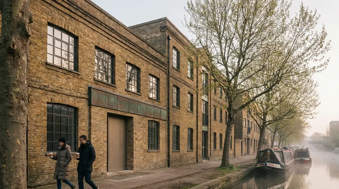 Dawn-light CGI of a Hackney Wick canalside warehouse-conversion to creative workspace, with weathered London stock brick, an oxidised bronze entrance band and narrowboats moored alongside.