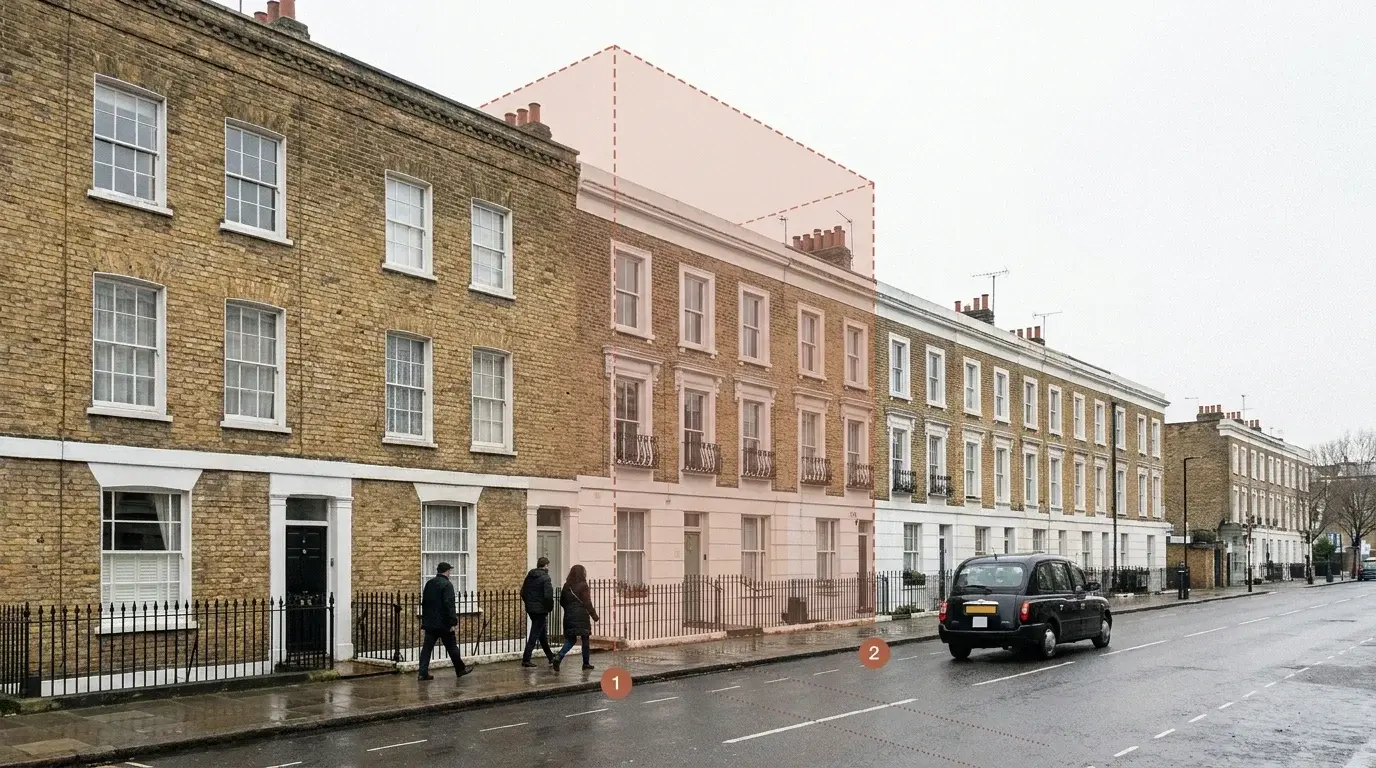 Annotated Hackney planning view of a De Beauvoir Town stock brick terrace street with a proposed-massing zone tracing one plot and numbered viewpoint markers used to scope verified-view and photomontage submissions