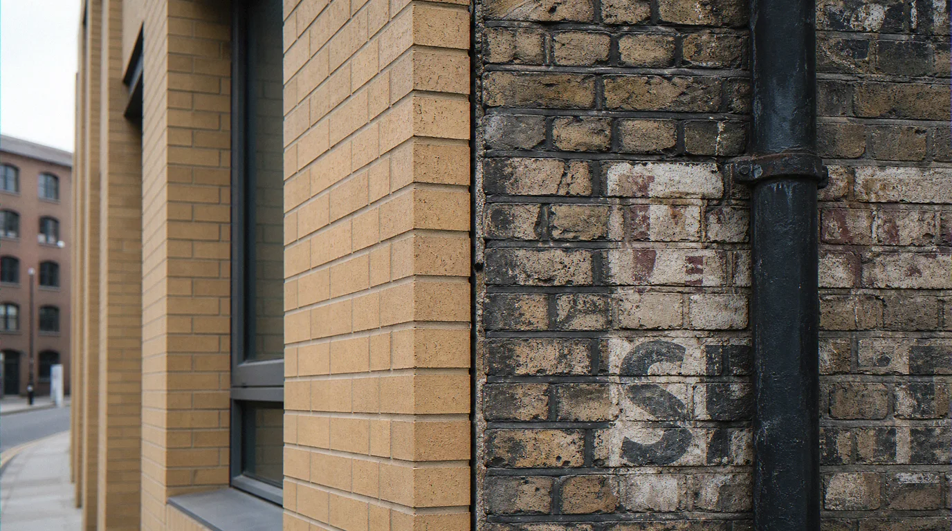 Close-up study of the junction between new London stock yellow brick and retained late-Victorian warehouse masonry, mortar joints, tooling and weathering compared at eye level under soft overcast daylight.