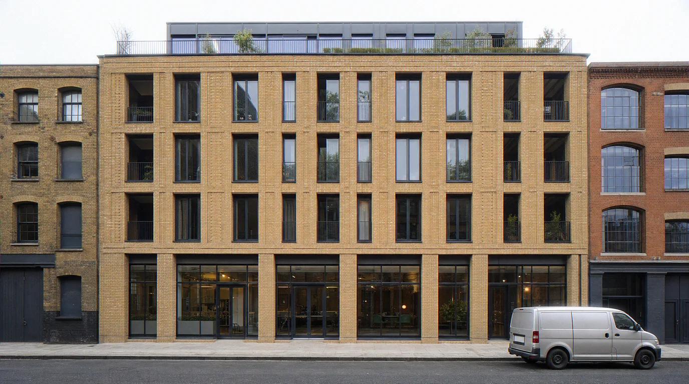 Pedestrian-level elevation photomontage with the proposed Shoreditch scheme set into the street
