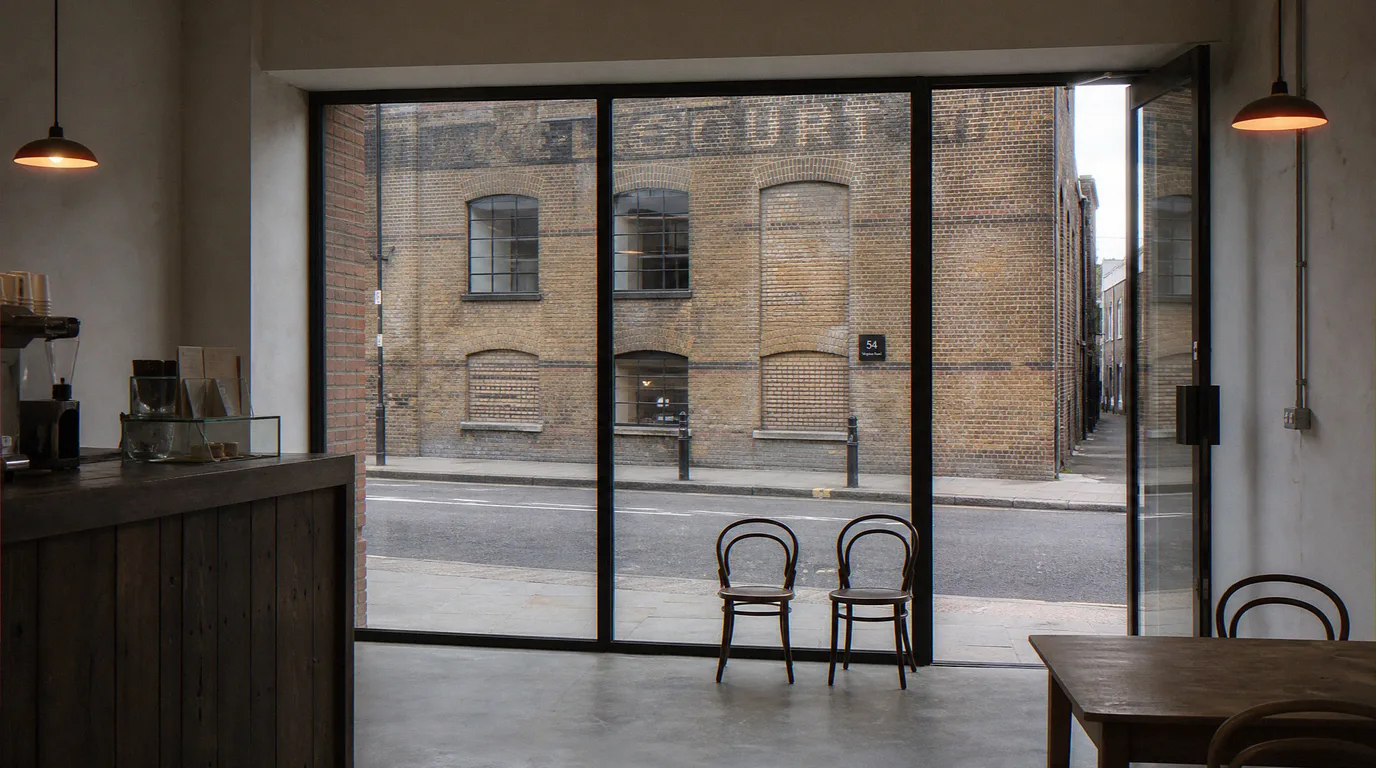 Inside-out reverse view from the ground-floor commercial unit of the Shoreditch mixed-use scheme: glazed shopfront looking onto a retained late-Victorian warehouse across the South Shoreditch side street, exposed cement floor, dark stained timber counter and soft pendant lighting under soft overcast London daylight.