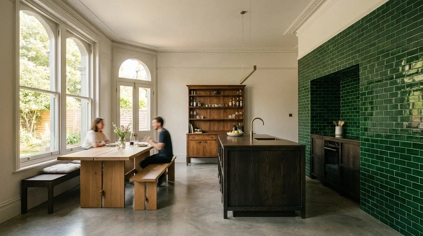 Interior CGI of a De Beauvoir Town Victorian corner-pub conversion to home in Hackney, with retained emerald ceramic bar tile preserved as a feature wall, restored cornice, retained timber bar back-shelf as a sideboard and a contemporary dark-stained timber kitchen island on polished concrete