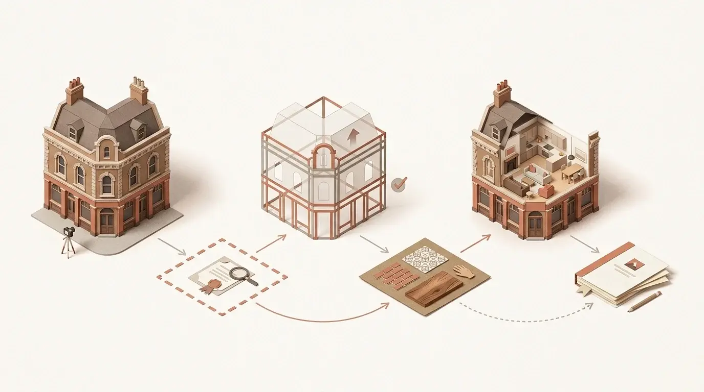 Paper-craft isometric workflow diagram tracing a De Beauvoir Town corner-pub conversion to home from existing Victorian shell through ACV asset of community value listing study, planning consent and retained fabric study to retained shell with new home interior and final reporting