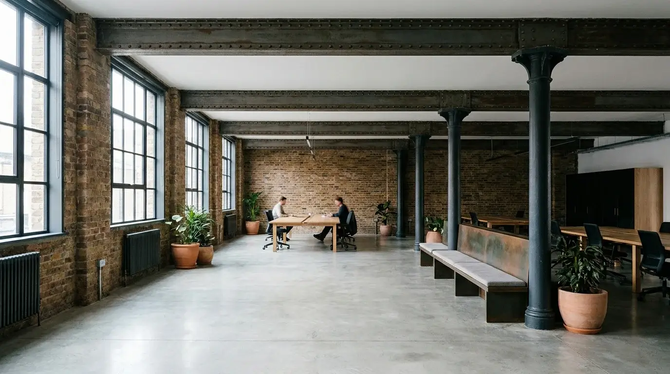 Interior CGI of a Hackney Wick warehouse-conversion creative workspace floor plate, with retained loadbearing London stock brick walls, exposed riveted steel I-beams, cast-iron columns and polished concrete floor