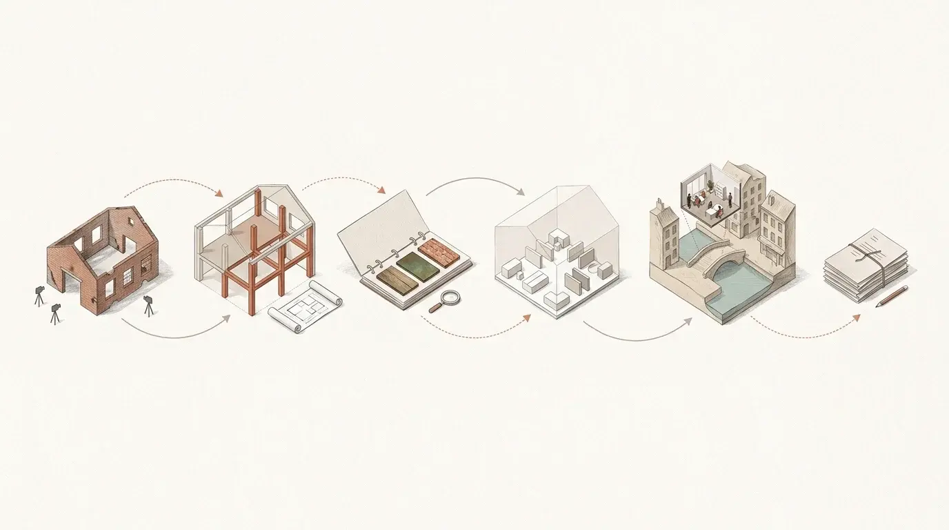 Six-stage isometric paper-craft workflow diagram tracing a Hackney Wick warehouse-to-creative-workspace conversion from existing brick shell and structural fabric audit through material study, fit-out massing, photomontage and final reporting