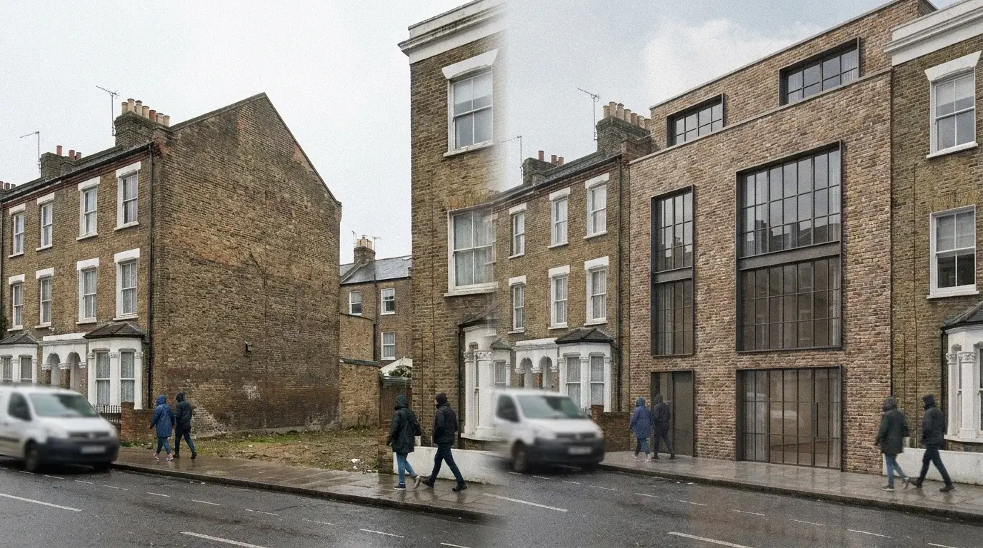 Photomontage process composite of a Clapton infill site in Hackney, pairing the existing party-wall gap site with the proposed contemporary stock-brick infill render