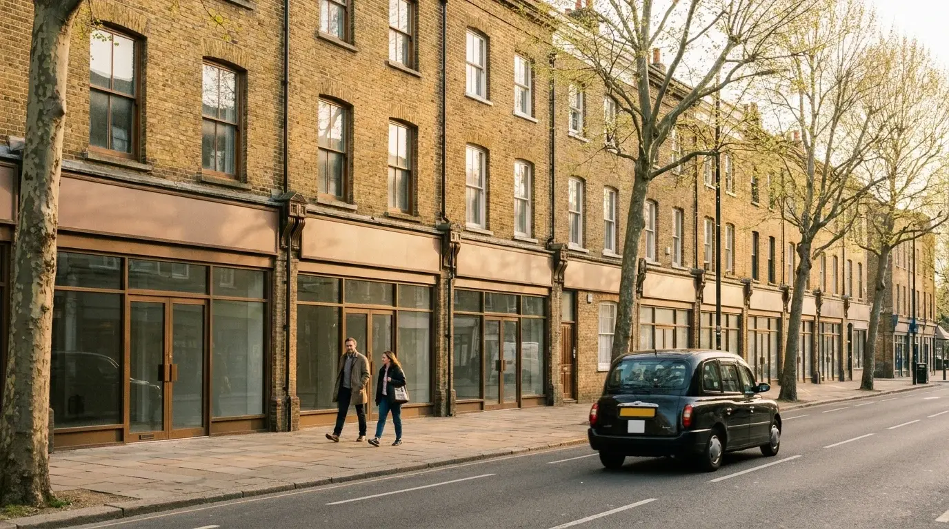 Architectural CGI of a Dalston Kingsland Road Victorian mixed-use frontage in Hackney with restored ground-floor commercial bays, slim bronze shopfront frames and traditional sash windows above