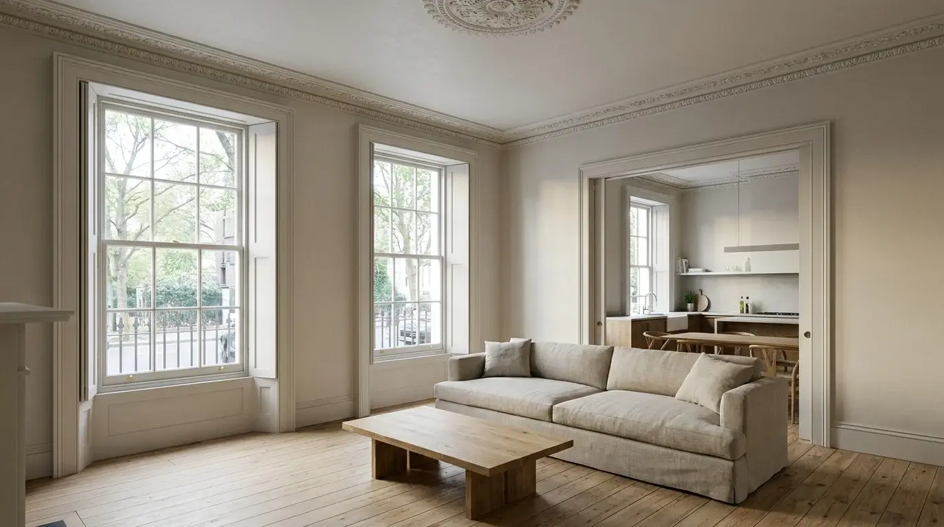 Interior CGI of a De Beauvoir Town Victorian terrace front room in Hackney with restored cornice, ceiling rose, sash windows and an open kitchen view through a wide cased opening