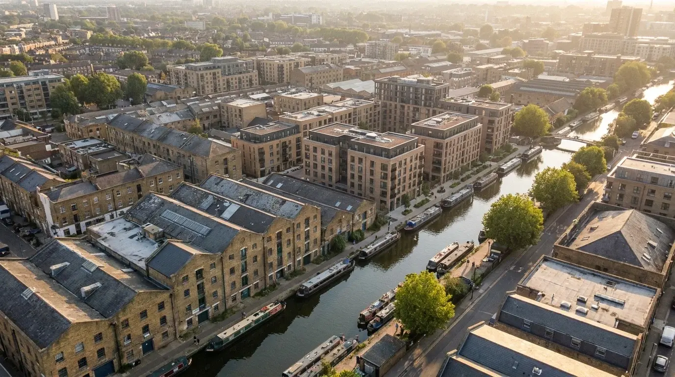Aerial photomontage view across Hackney Wick with the Hertford Union Canal, narrowboats, restored Victorian warehouses and contemporary mid-rise stock brick blocks