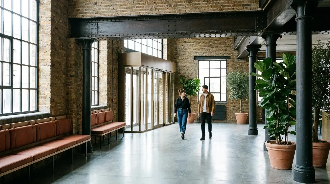 Interior CGI of a Hoxton warehouse-conversion creative workspace lobby in Hackney, with cast-iron columns, exposed stock brick, riveted steel beams and a long terracotta bench seat