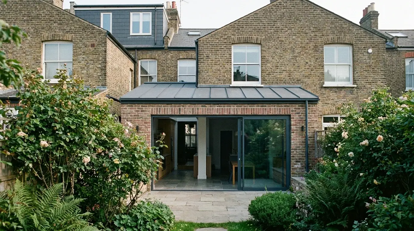 Architectural CGI of a Stoke Newington Victorian terrace rear extension in Hackney with London stock brick walls, a dark zinc seamed roof and slim charcoal sliding doors onto a leafy garden