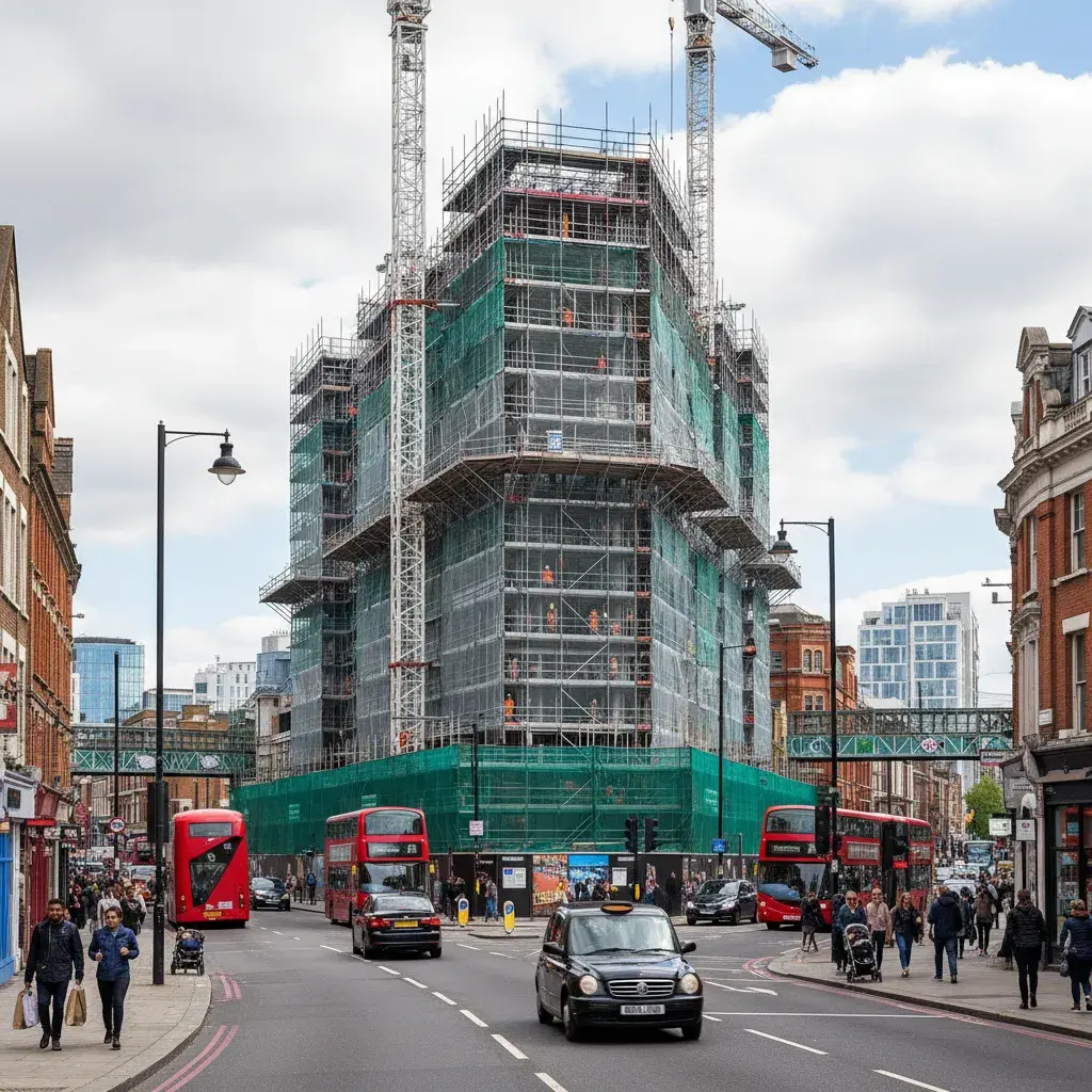 Construction-phase photomontage of a White City site showing new facade mid-implementation