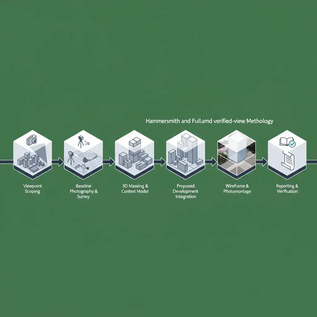 Six-stage isometric diagram tracing the borough verified-view methodology from viewpoint scoping to final reporting