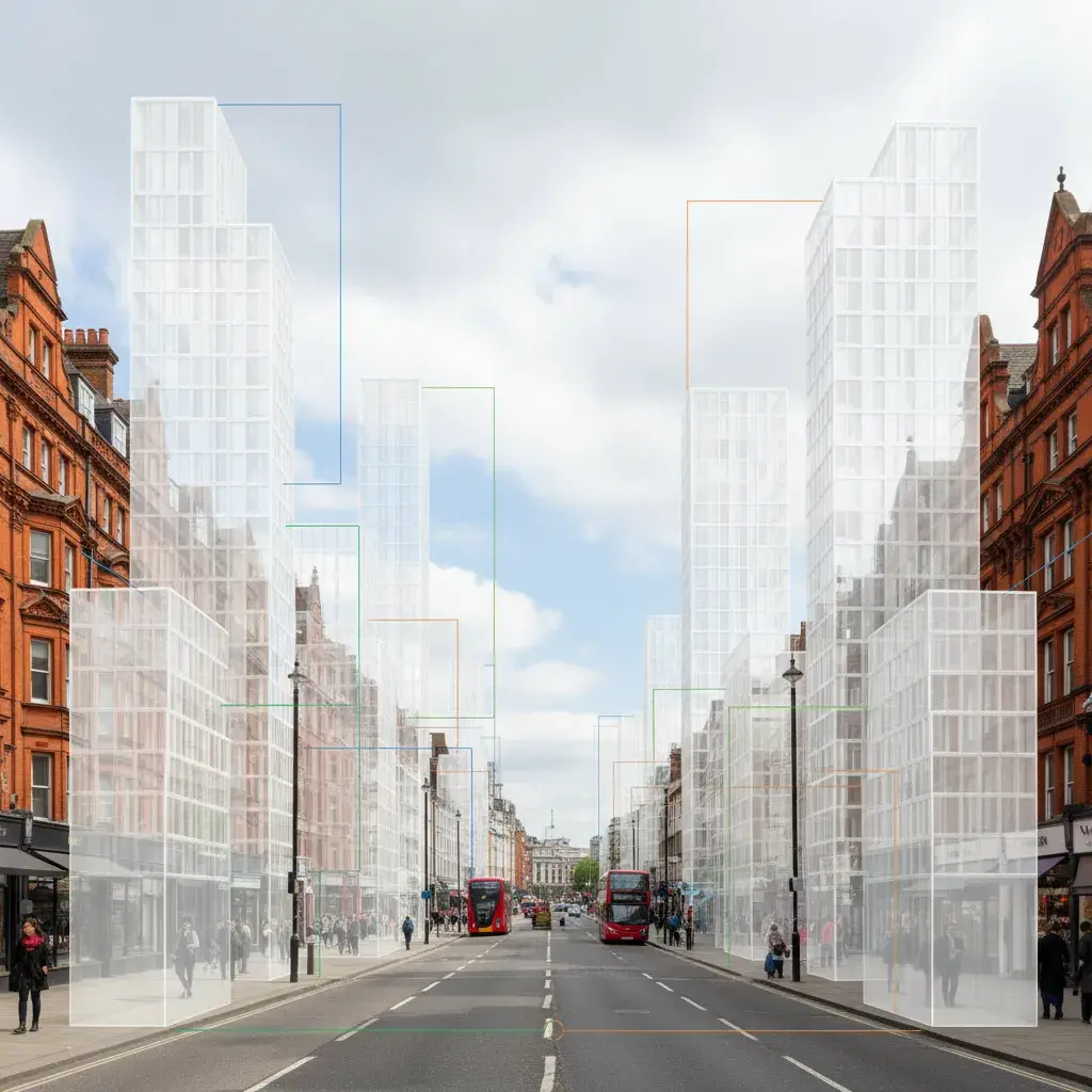 Annotated Hammersmith and Fulham planning photomontage illustrating massing zone and viewpoint markers